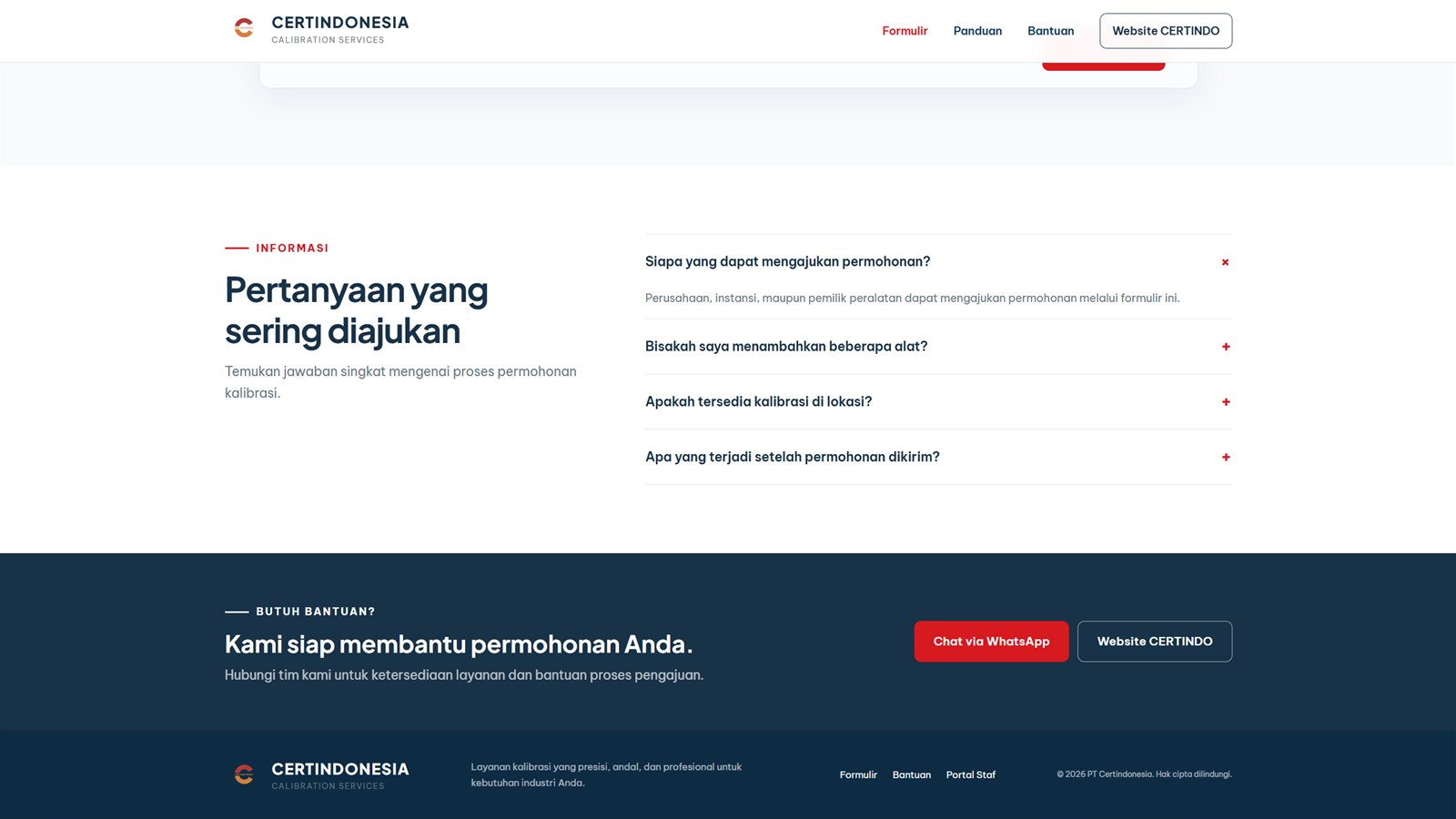 Certindo calibration request frequently asked questions and assistance section