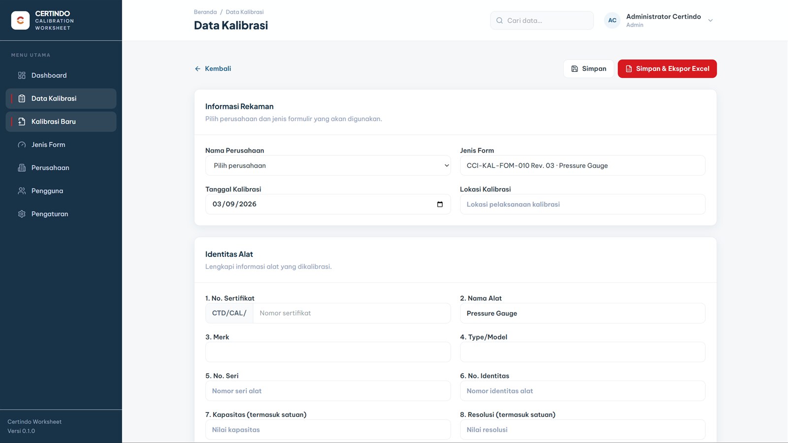 Certindo digital calibration worksheet with record information and instrument identity fields