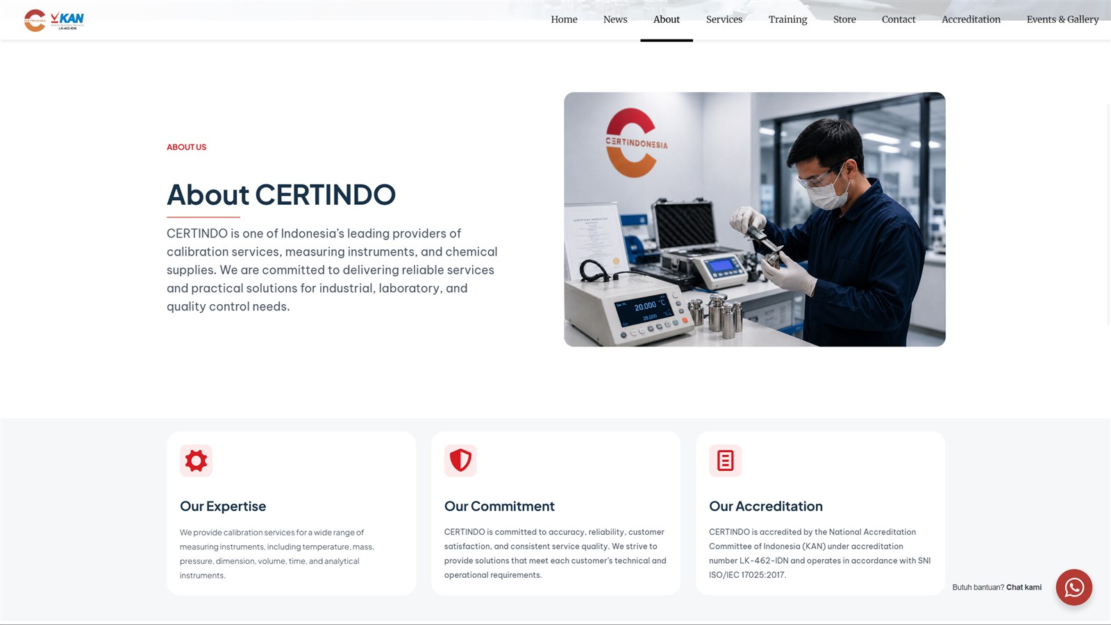 Revamped Certindo about page introducing the company, expertise, commitment, and accreditation
