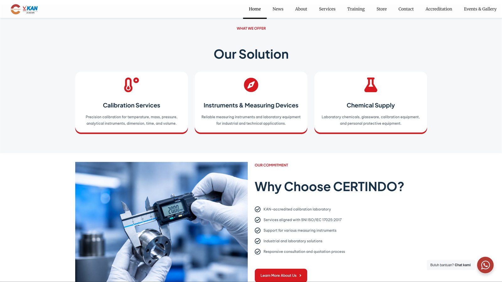 Revamped Certindo services section for calibration, measuring instruments, and chemical supplies