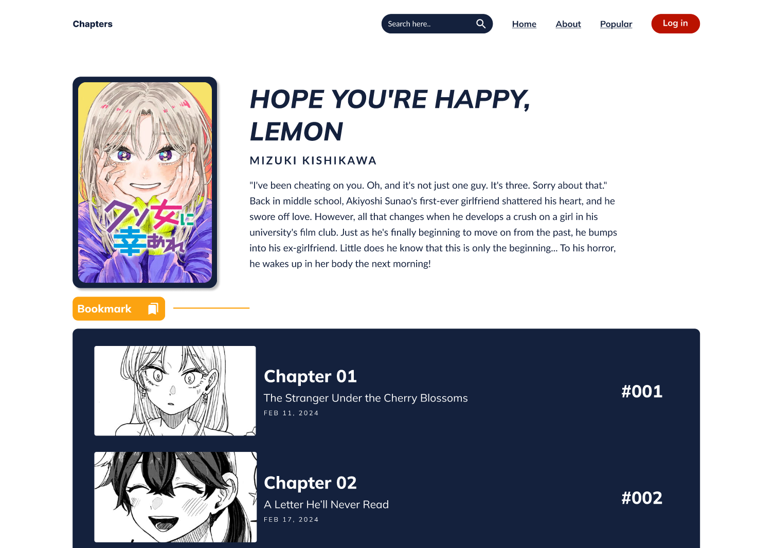 Chapters manga detail page showing its cover, synopsis, bookmark action, and chapter list