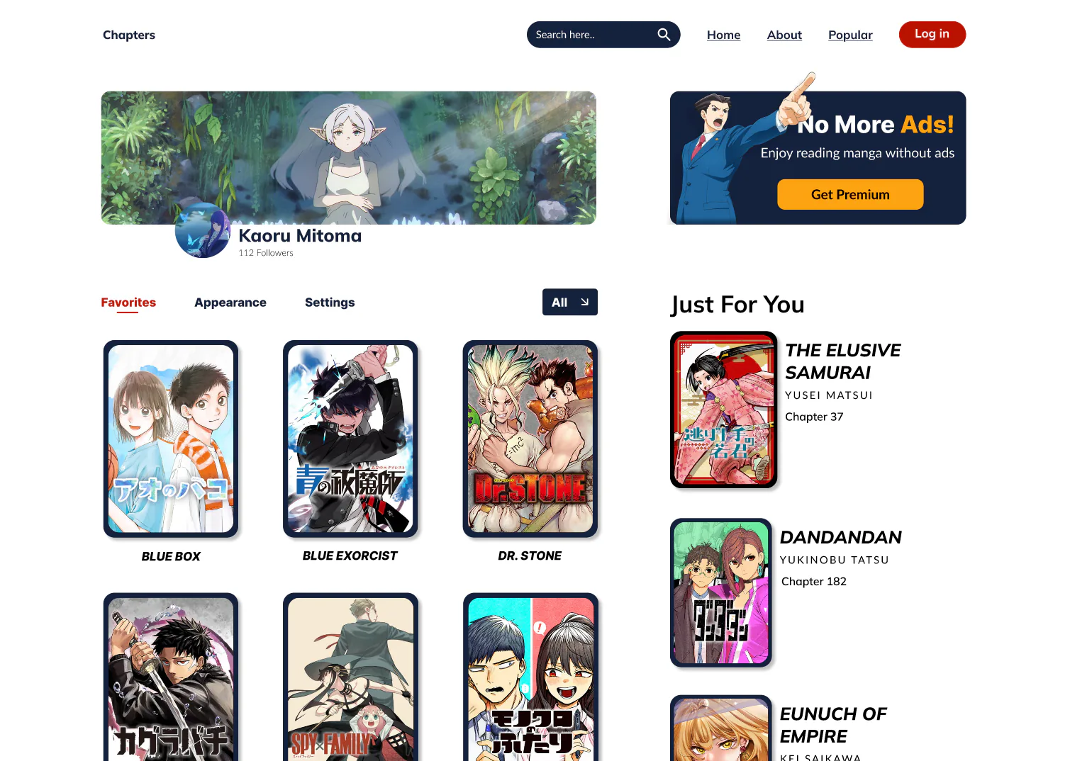 Chapters reader profile showing favorites and personalized recommendations