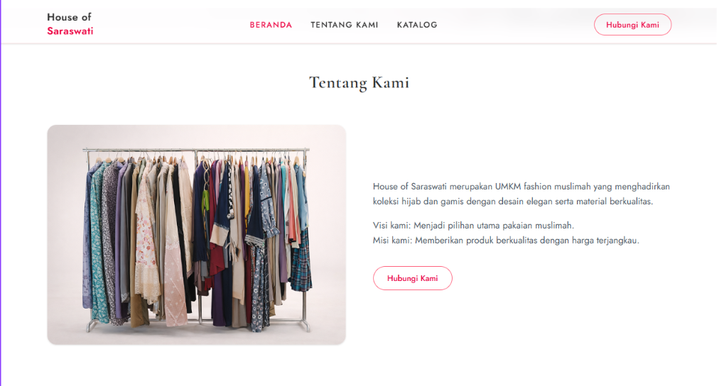 House of Saraswati about page introducing the Bekasi hijab and gamis store