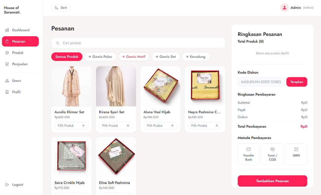 House of Saraswati admin order creation and payment summary page
