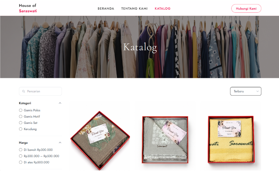 House of Saraswati catalog landing view with category and price filters
