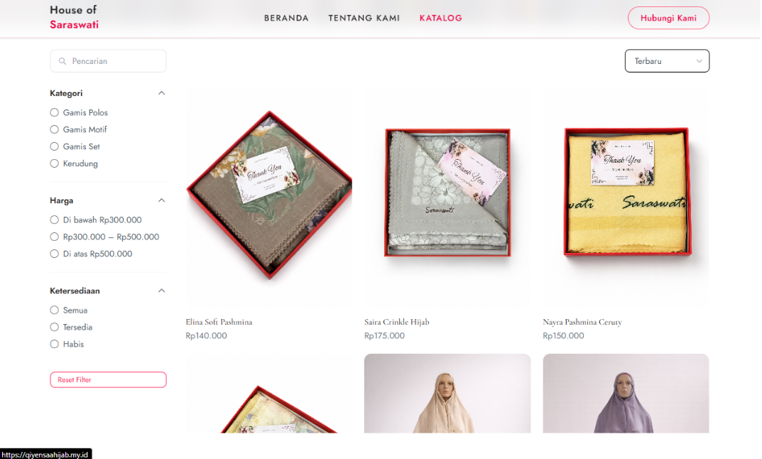 House of Saraswati product catalog showing hijab and gamis products