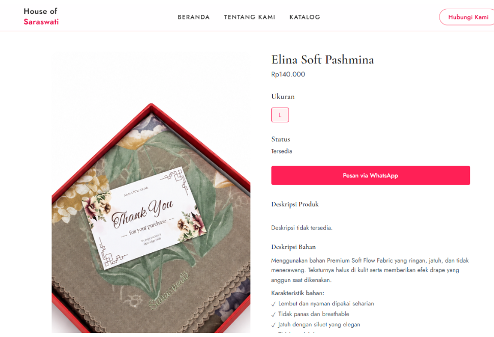 House of Saraswati product detail with size, availability, description, and WhatsApp ordering
