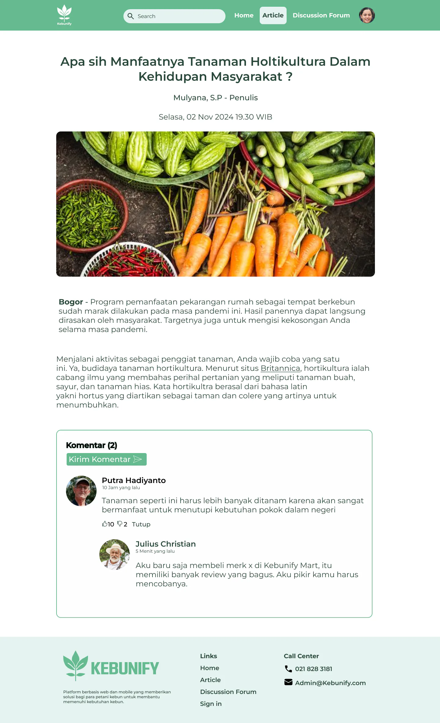 Kebunify desktop article detail page with comments and site navigation
