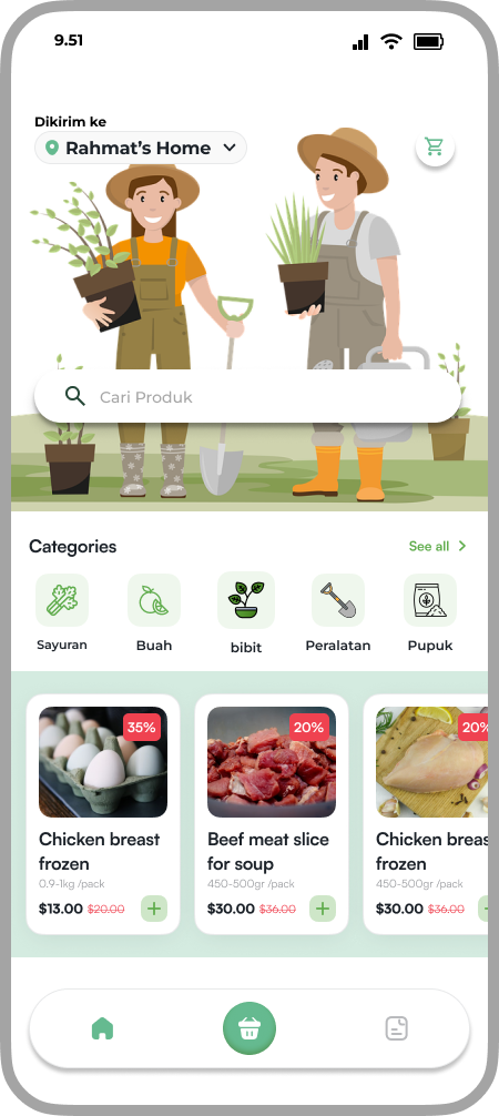 Kebunify mobile marketplace with categories and product cards