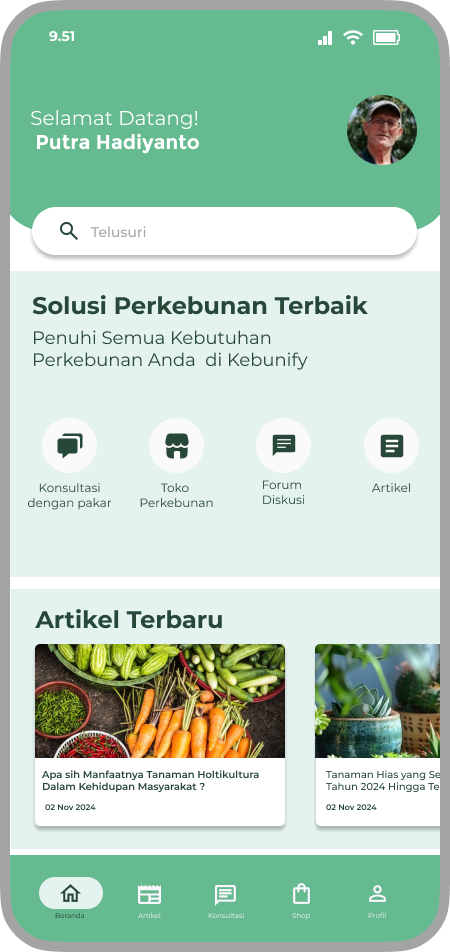 Kebunify mobile home showing consultation, marketplace, forum, and article services
