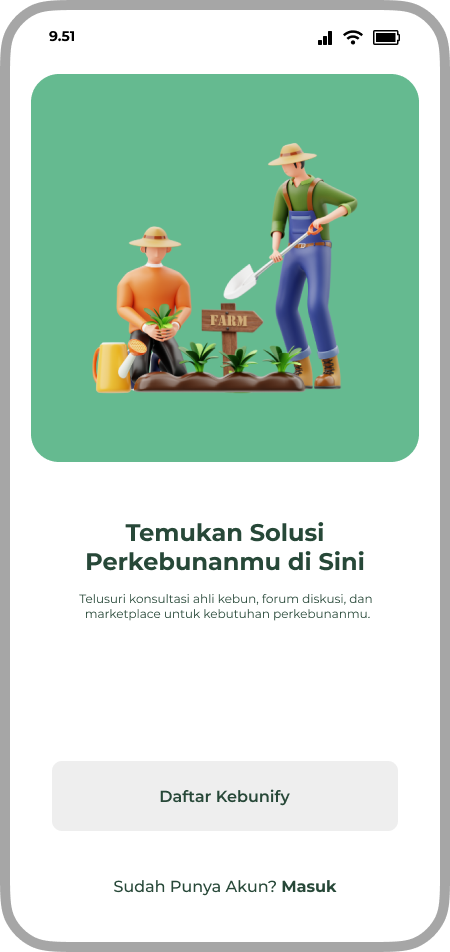 Kebunify mobile onboarding page introducing plantation services