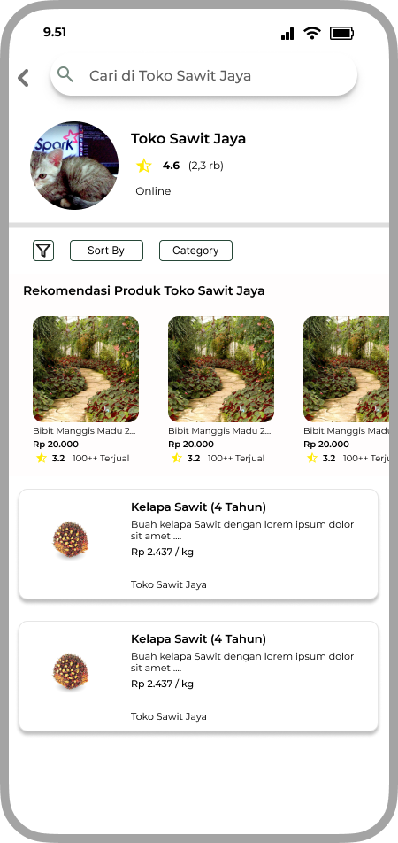 Kebunify mobile store page with recommendations and product listings
