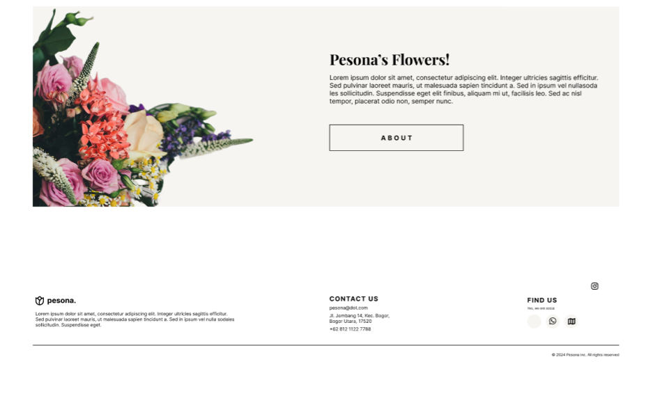 Pesona Flowers about and contact section with store information and social links