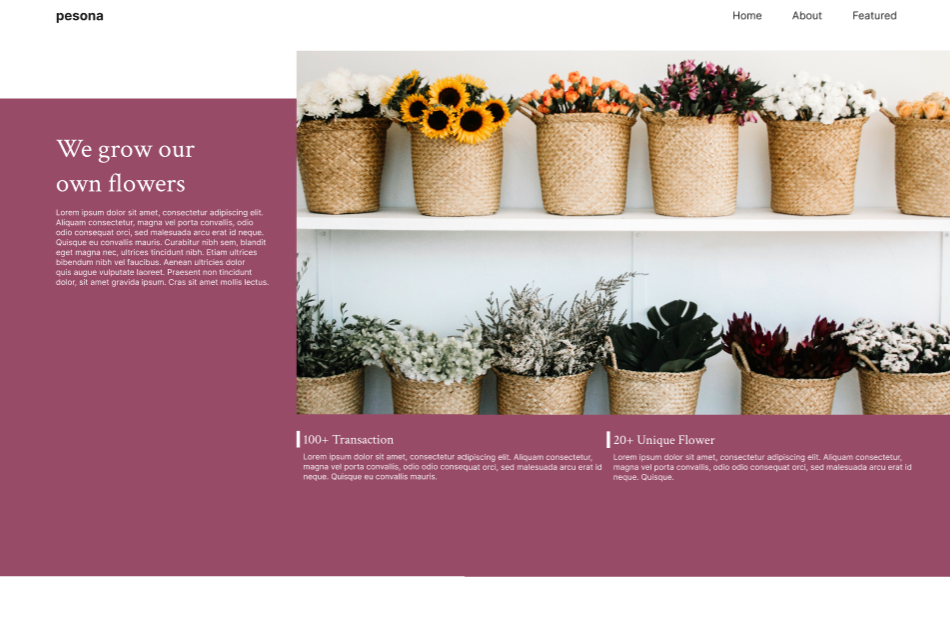 Pesona Flowers brand story section with flower shop imagery and highlights