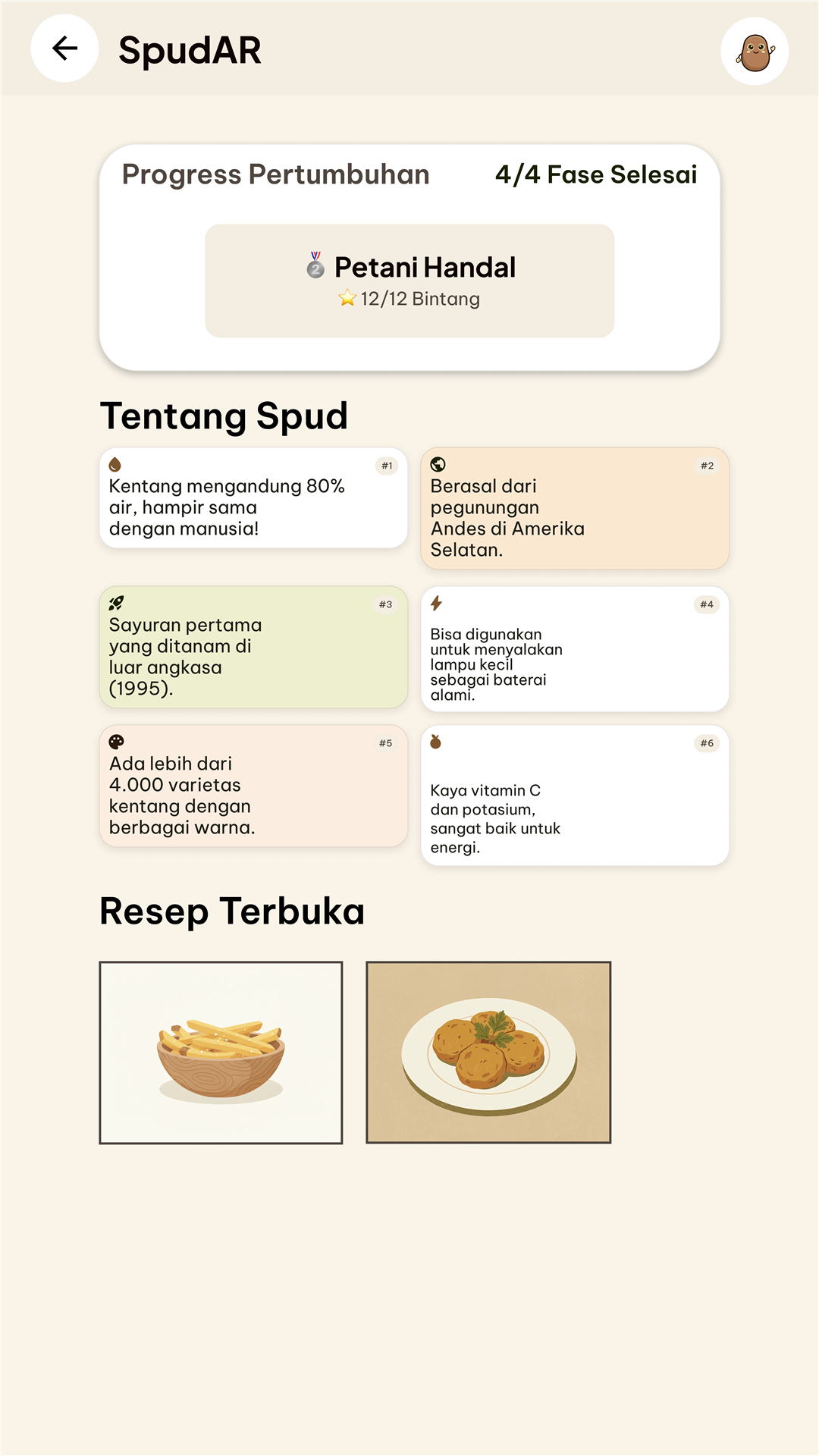 SpudAR collection page showing completed growth phases, earned stars, facts, and unlocked recipes