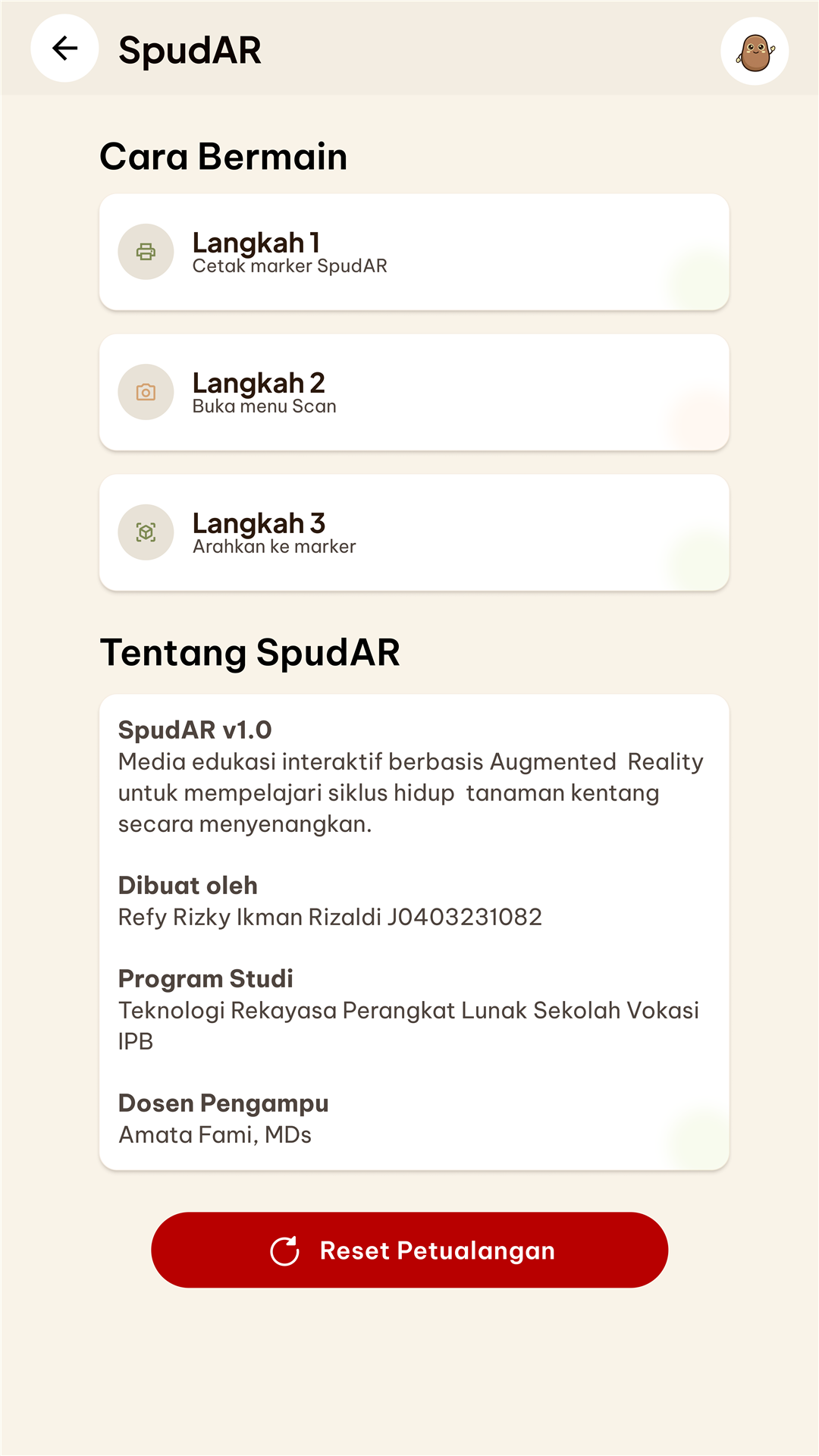 SpudAR information page explaining marker scanning and the educational project