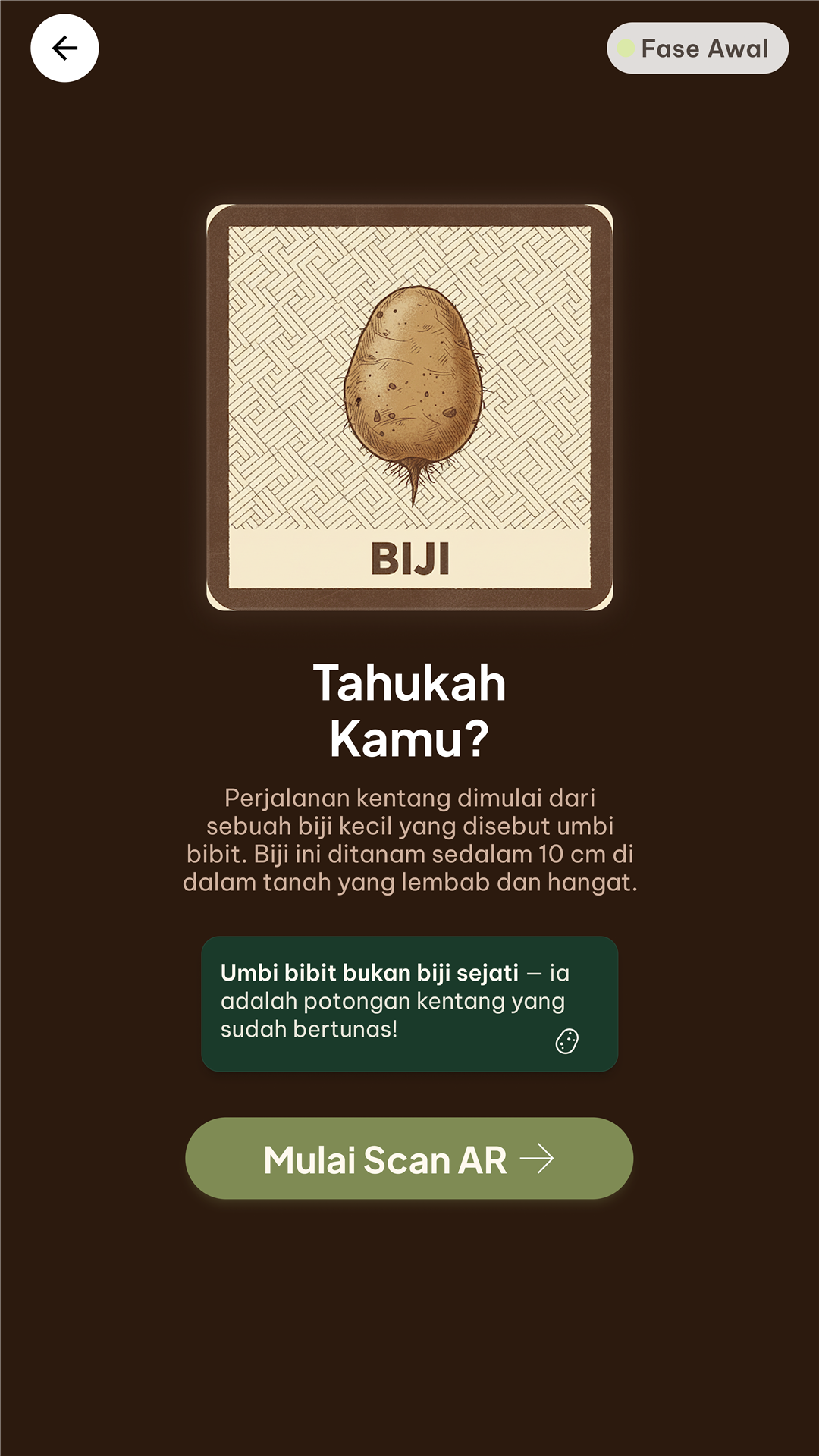 SpudAR introductory lesson explaining potato seeds and inviting students to scan an AR marker