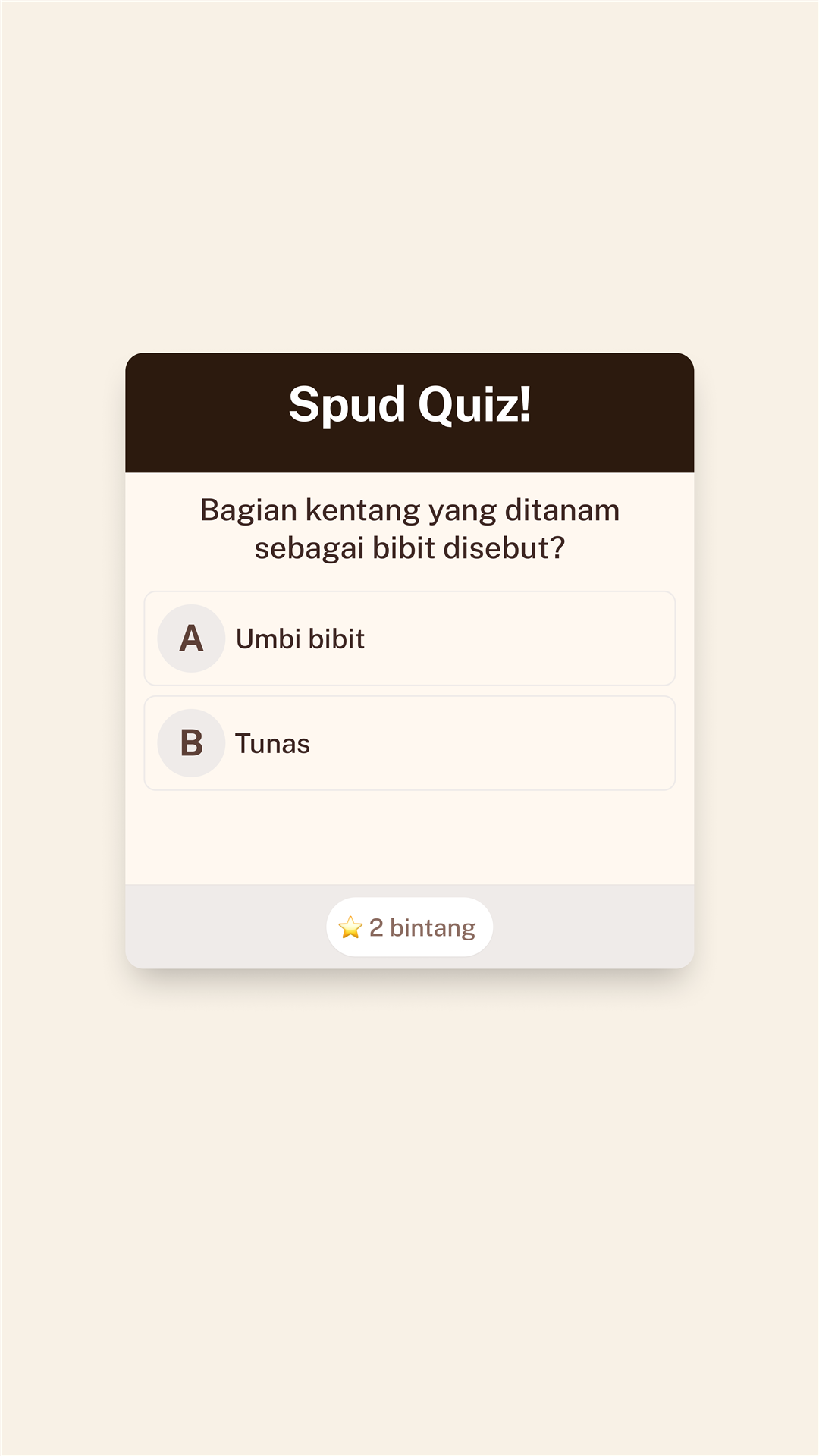 SpudAR quiz asking students about the part of a potato used as a seed