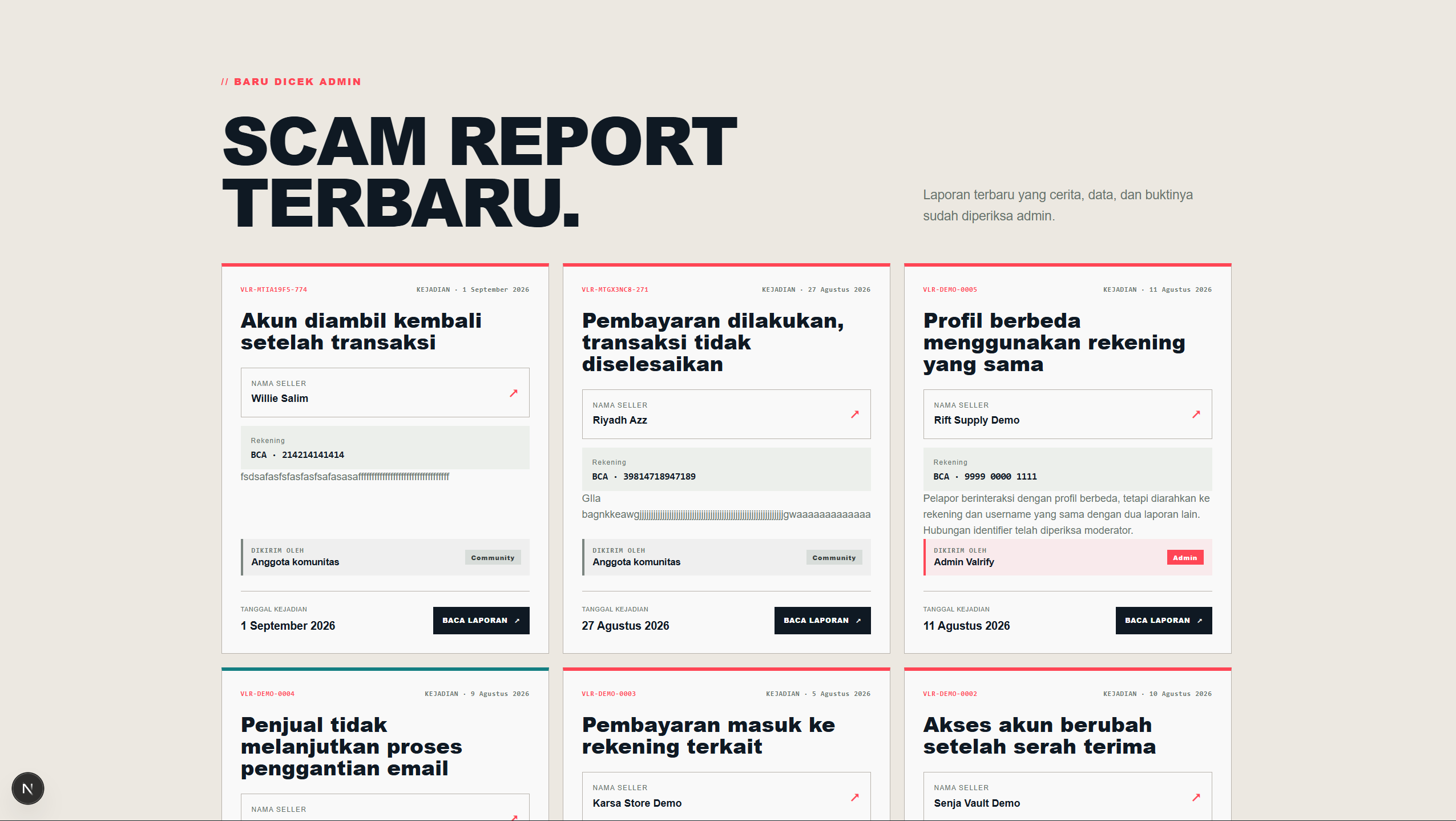 Valrify page showing the latest reviewed scam reports in a card grid