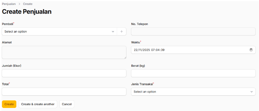 Yohan Farm form for recording a chicken sale
